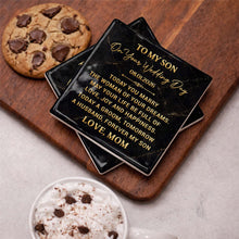 Load image into Gallery viewer, Personalized Black Marble Coaster Gift for Son Wedding Day