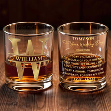 Load image into Gallery viewer, Personalized 3D Golden Monogram Whiskey Glass Custom Gift for Son