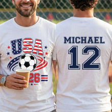 Load image into Gallery viewer, Personalized Soccer American Flag T-Shirt Custom Design for Dad
