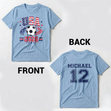 Load image into Gallery viewer, Personalized Soccer American Flag T-Shirt Custom Design for Dad