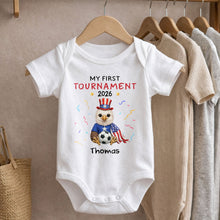Load image into Gallery viewer, Personalized Soccer Baby Onesie Custom Name Eagle 4th of July Gift