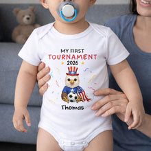 Load image into Gallery viewer, Personalized Soccer Baby Onesie Custom Name Eagle 4th of July Gift