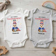 Load image into Gallery viewer, Personalized Soccer Baby Onesie Custom Name Eagle 4th of July Gift