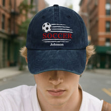 Load image into Gallery viewer, Personalized Washed Denim Cap Custom Name Soccer Gift for Him
