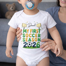 Load image into Gallery viewer, Personalized Baby Onesie Custom Name First Soccer Season Gift