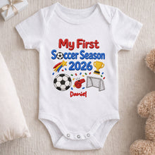 Load image into Gallery viewer, Personalized Custom Baby Onesie First Soccer Season Gift