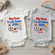 Load image into Gallery viewer, Personalized Custom Baby Onesie First Soccer Season Gift