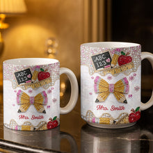 Load image into Gallery viewer, Personalized Teacher Coffee Mug Custom Name Rhinestone Bow Gift