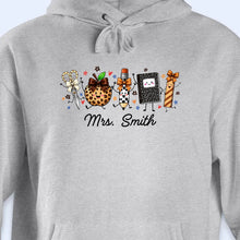 Load image into Gallery viewer, Personalized Teacher T-Shirt Hoodie with Leopard Apple Design
