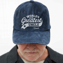 Load image into Gallery viewer, Personalized Washed Denim Cap World's Greatest Uncle Gift
