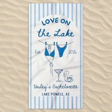 Load image into Gallery viewer, Personalized Beach Towel Custom Name Bachelorette Gift Flamingo