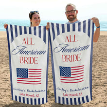 Load image into Gallery viewer, Personalized Beach Towel USA Flag Bridal Gift Custom Name