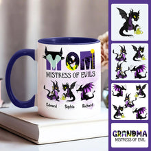 Load image into Gallery viewer, Personalized Two-Tone Accent Mug with 'Mistress of Evils' Design for Mom