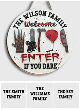 Load image into Gallery viewer, Personalized Halloween Round Wood Sign Custom Family Name Enter If You Dare