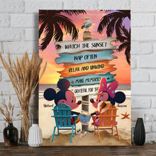 Load image into Gallery viewer, Personalized Mouse Ears Couple Canvas Sunset Beach Art