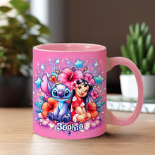 Load image into Gallery viewer, Personalized Pink Accent Mug with Ohana Bubble Flowers Design