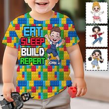 Load image into Gallery viewer, Personalized Fun Kids All Over Shirt with Name – Eat Sleep Build Repeat