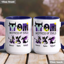 Load image into Gallery viewer, Personalized Two-Tone Accent Mug with 'Mistress of Evils' Design for Mom