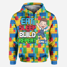 Load image into Gallery viewer, Personalized Fun Kids All Over Shirt with Name – Eat Sleep Build Repeat
