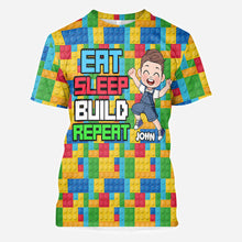 Load image into Gallery viewer, Personalized Fun Kids All Over Shirt with Name – Eat Sleep Build Repeat