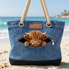 Load image into Gallery viewer, Personalized Highland Cow Denim Beach Bag Custom Name Gift for Farmer