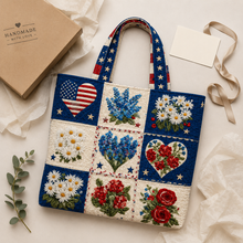 Load image into Gallery viewer, Personalized Quilted Tote Bag American Flag Floral Gift for Her