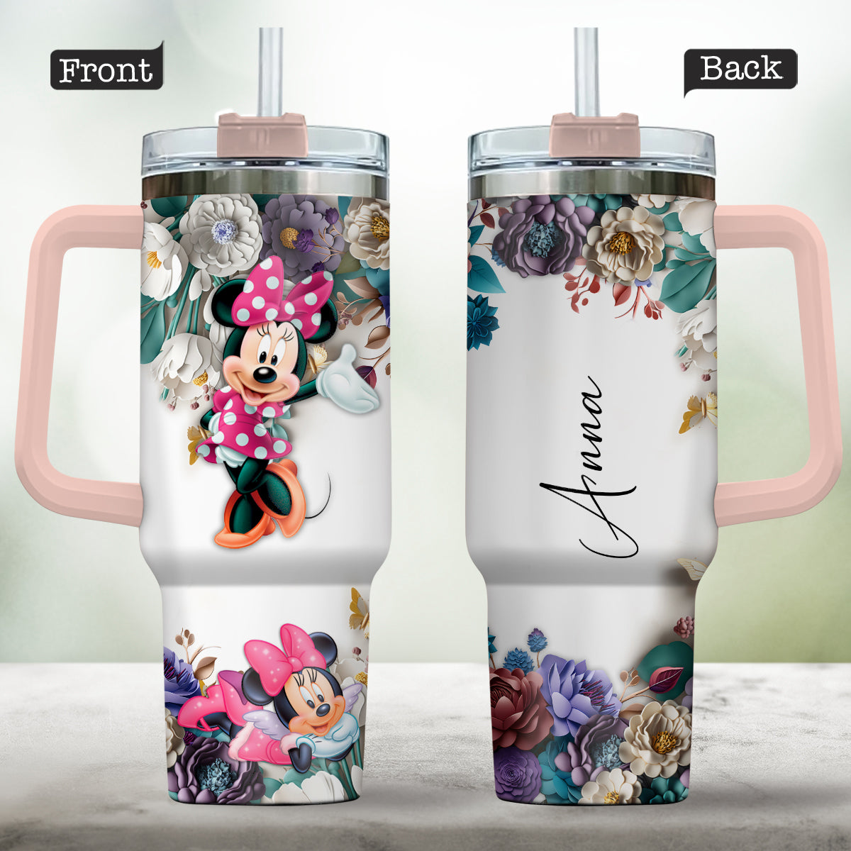 Personalized Mouse Tumbler with Handle Floral Design Gift
