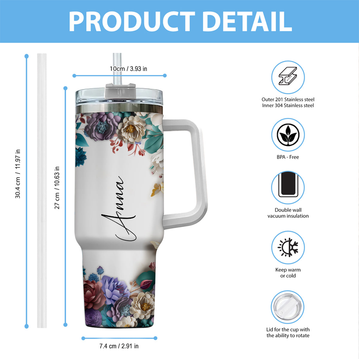 Personalized Mouse Tumbler with Handle Floral Design Gift