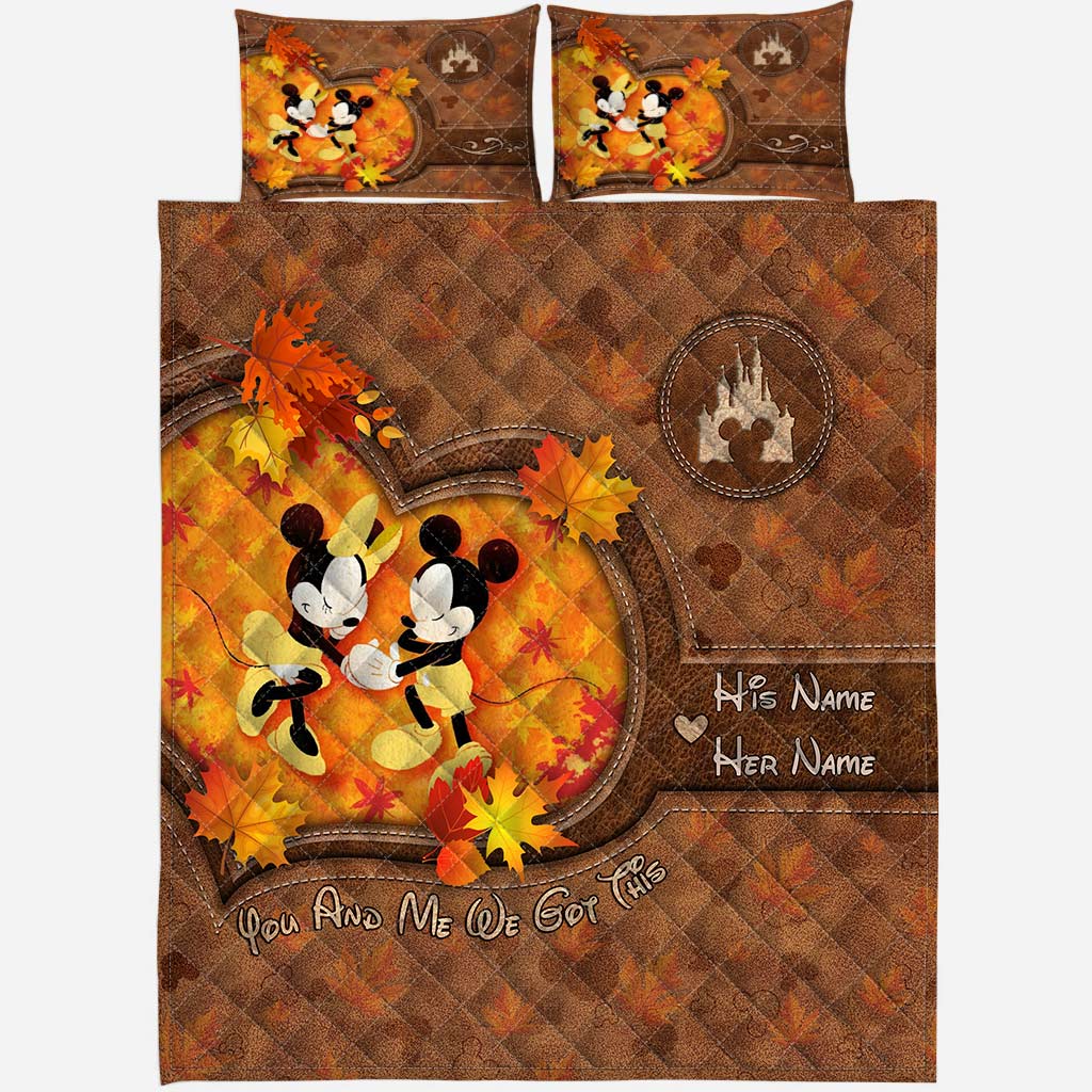 Personalized Mouse Quilt Set with Fall Leaves Custom Names Gift for Couple