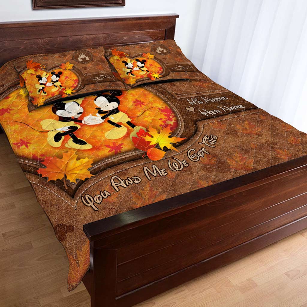 Personalized Mouse Quilt Set with Fall Leaves Custom Names Gift for Couple