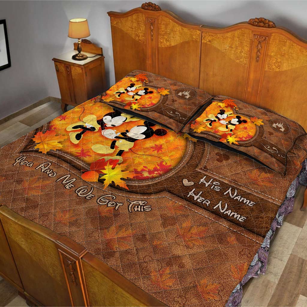 Personalized Mouse Quilt Set with Fall Leaves Custom Names Gift for Couple