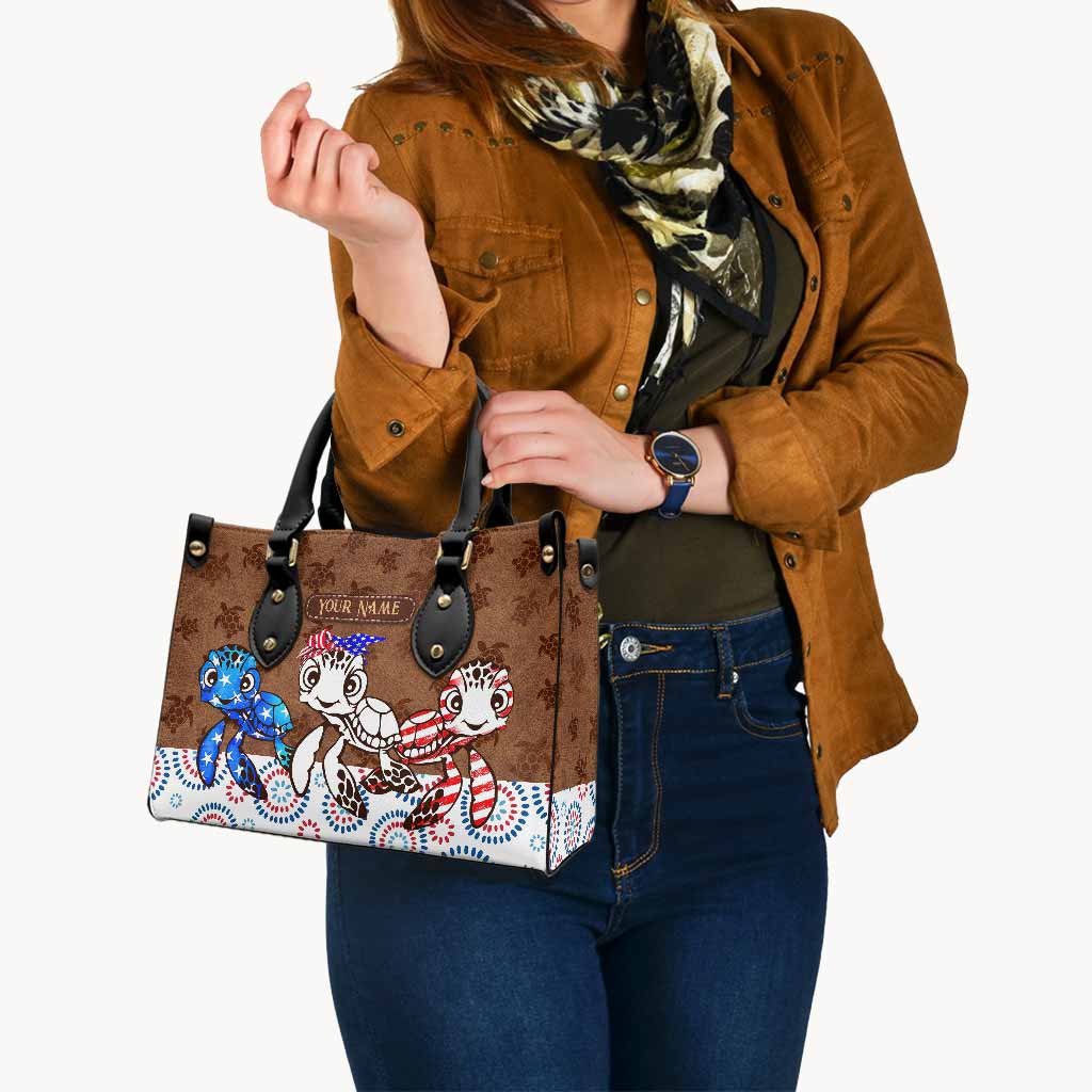 Personalized Independence Day Leather Handbag with Turtle Design