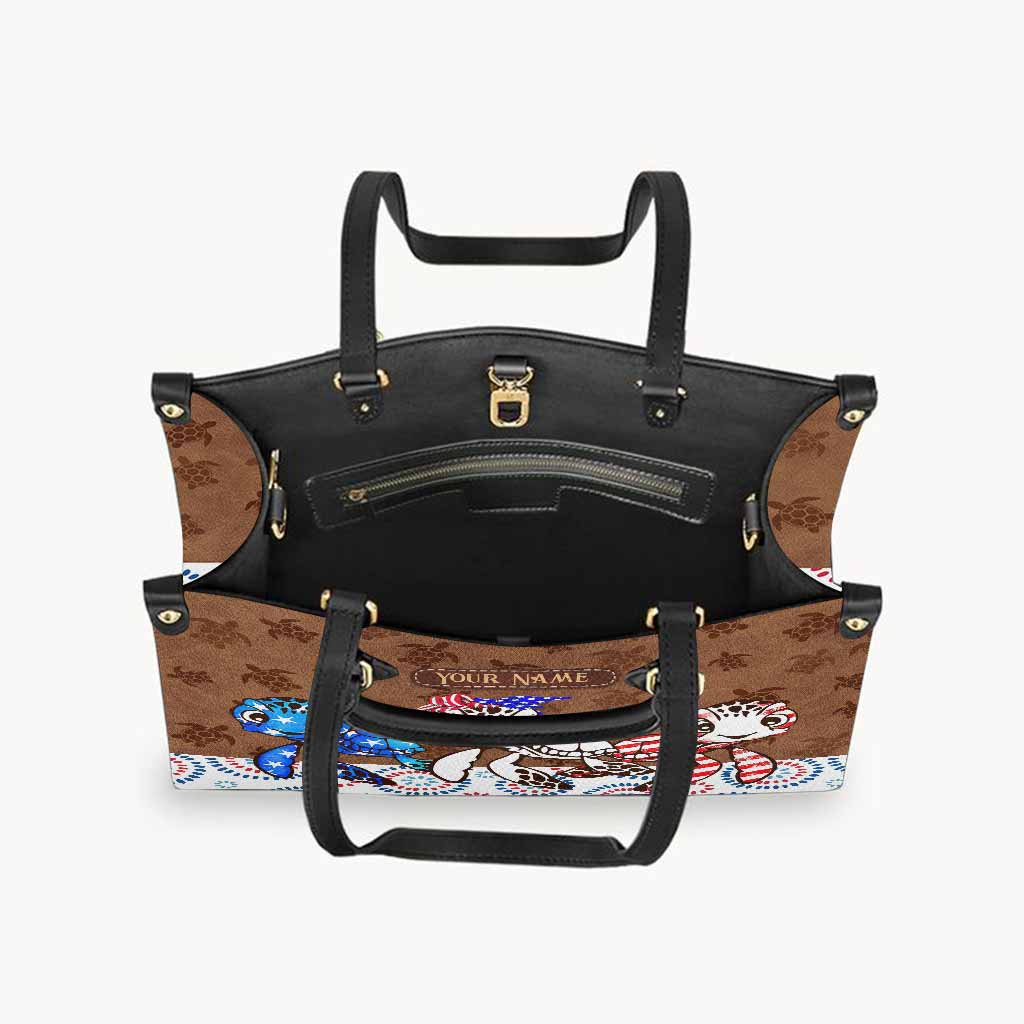 Personalized Independence Day Leather Handbag with Turtle Design