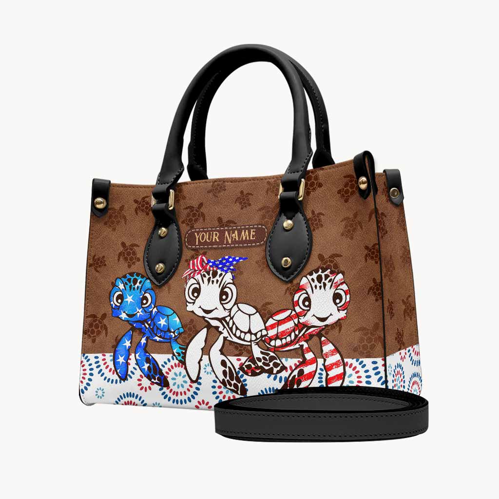 Personalized Independence Day Leather Handbag with Turtle Design