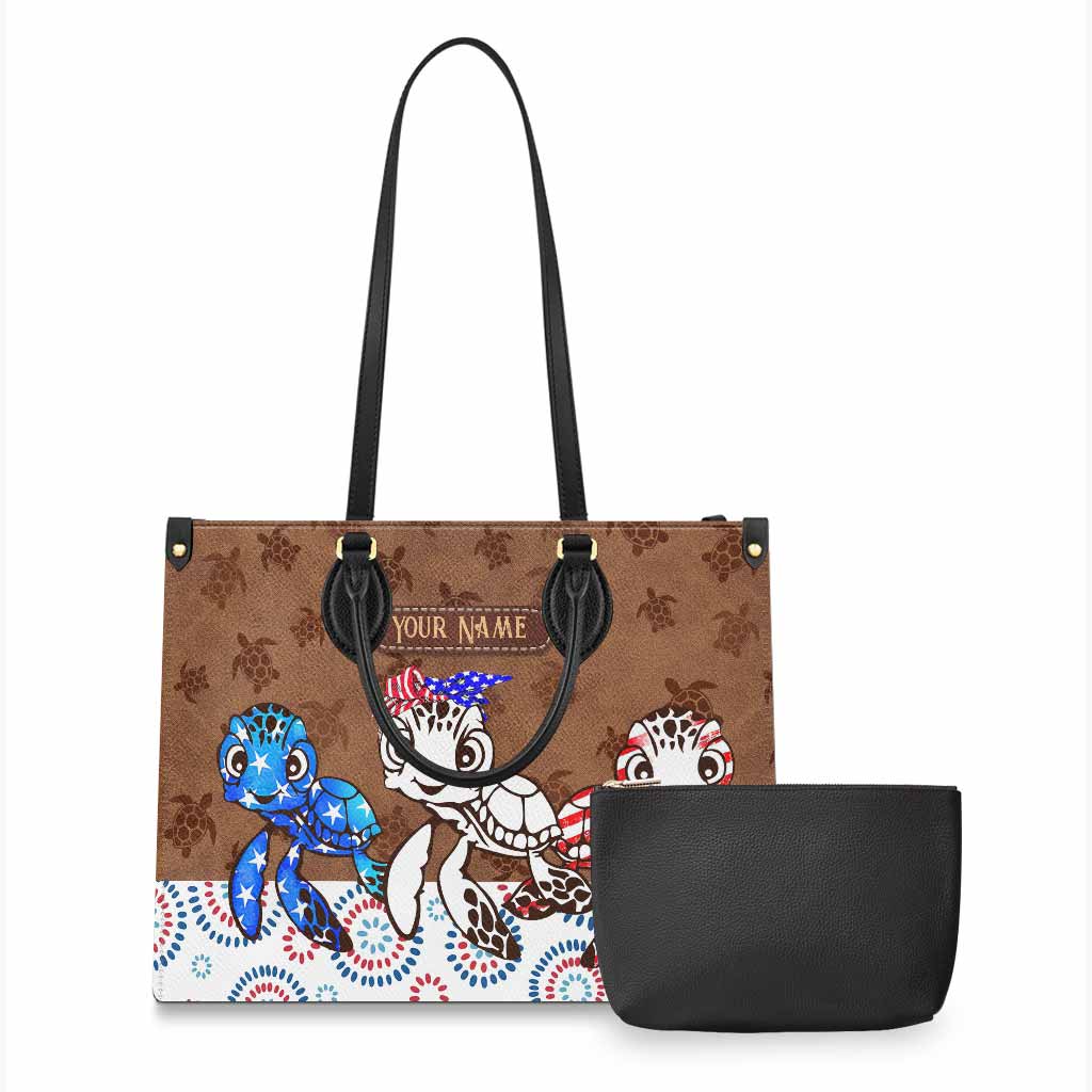 Personalized Independence Day Leather Handbag with Turtle Design