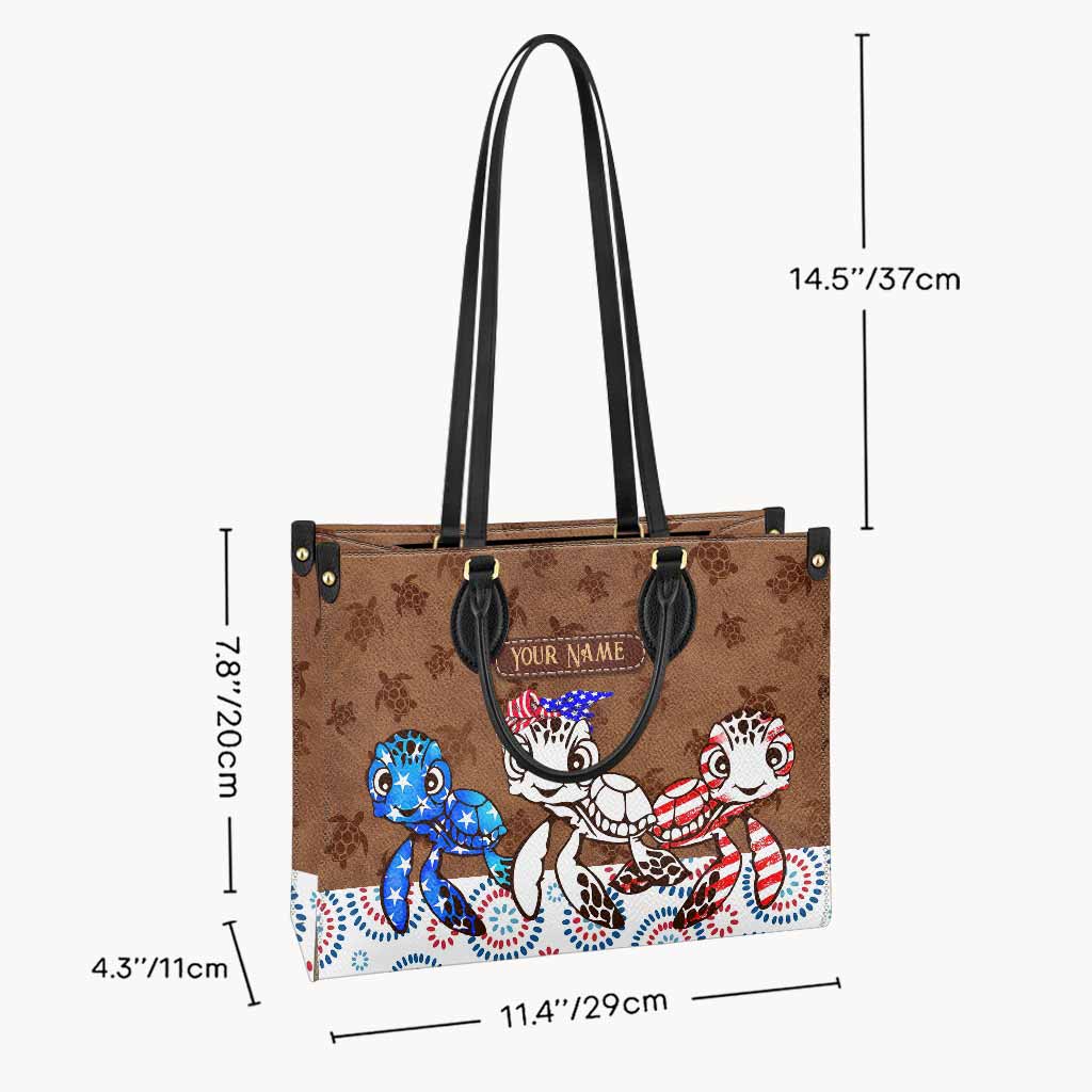 Personalized Independence Day Leather Handbag with Turtle Design