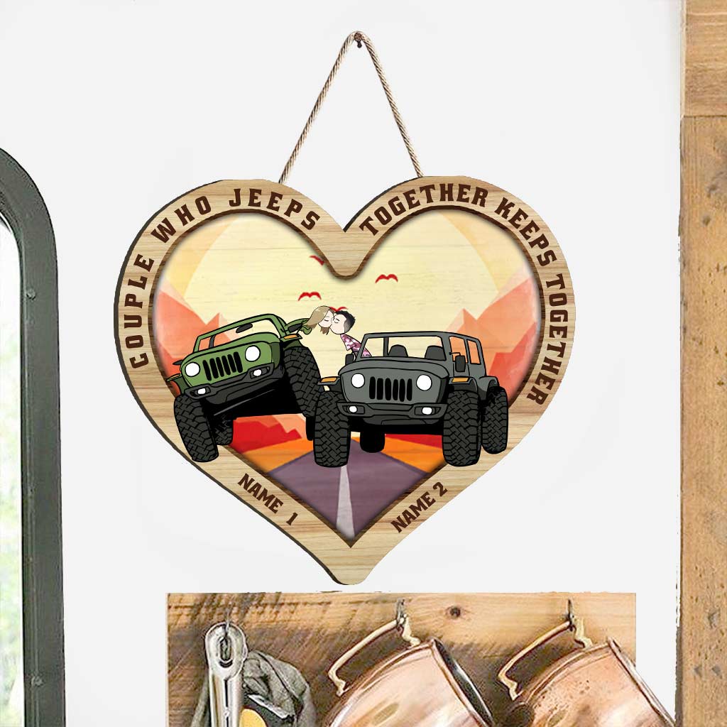 Personalized Jeep Wooden Heart Sign for Couples | Custom Names Gift