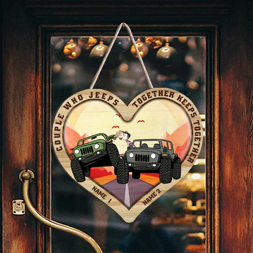 Personalized Jeep Wooden Heart Sign for Couples | Custom Names Gift