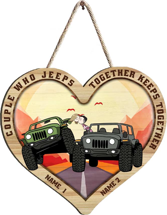 Personalized Jeep Wooden Heart Sign for Couples | Custom Names Gift