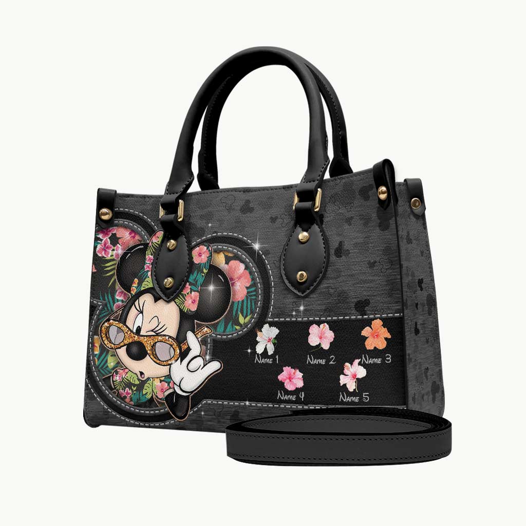 Personalized Leather Handbag with Floral Mouse Ears Gift for Grandma
