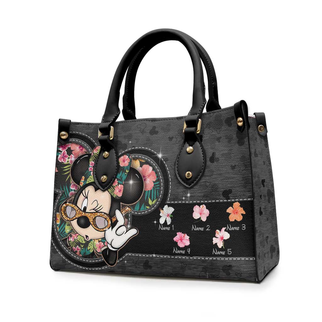 Personalized Leather Handbag with Floral Mouse Ears Gift for Grandma