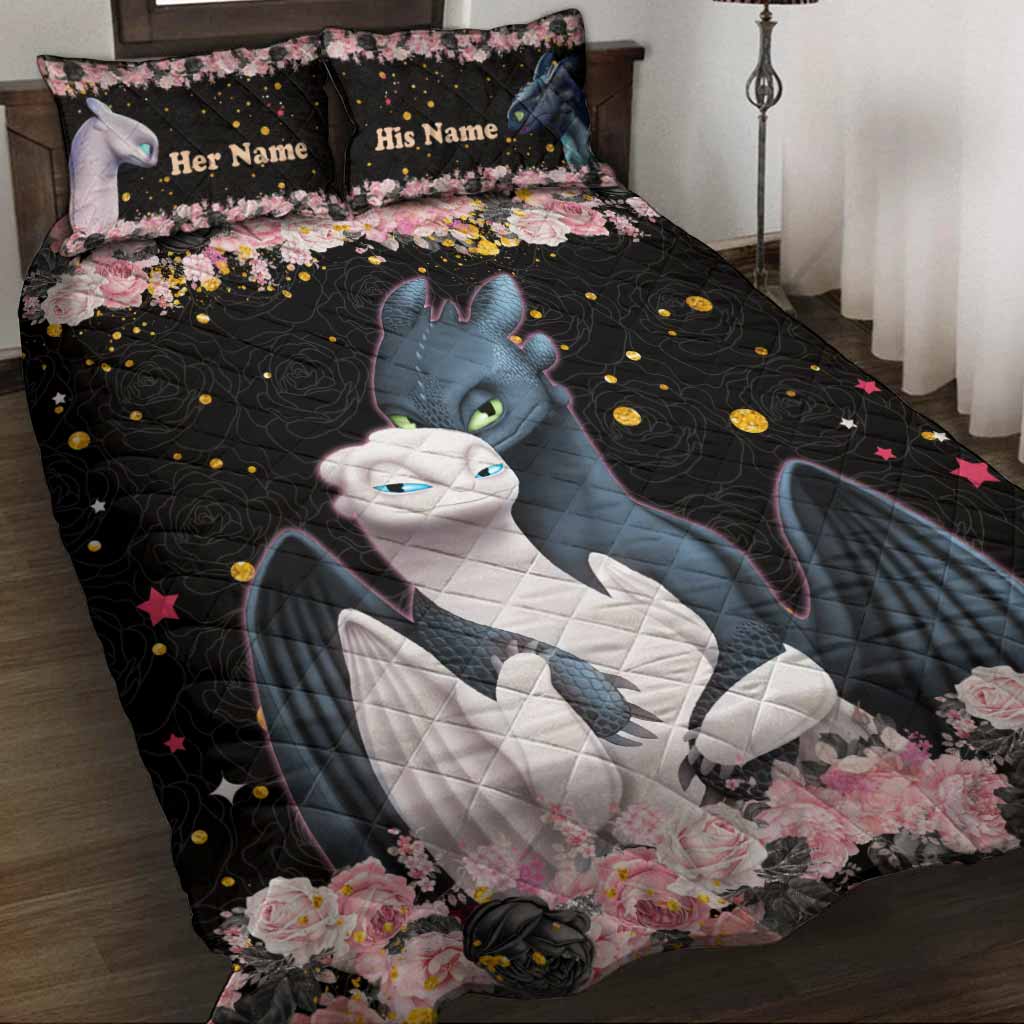 Personalized Dragon Love Story Quilt Set Custom Names Gift for Couples