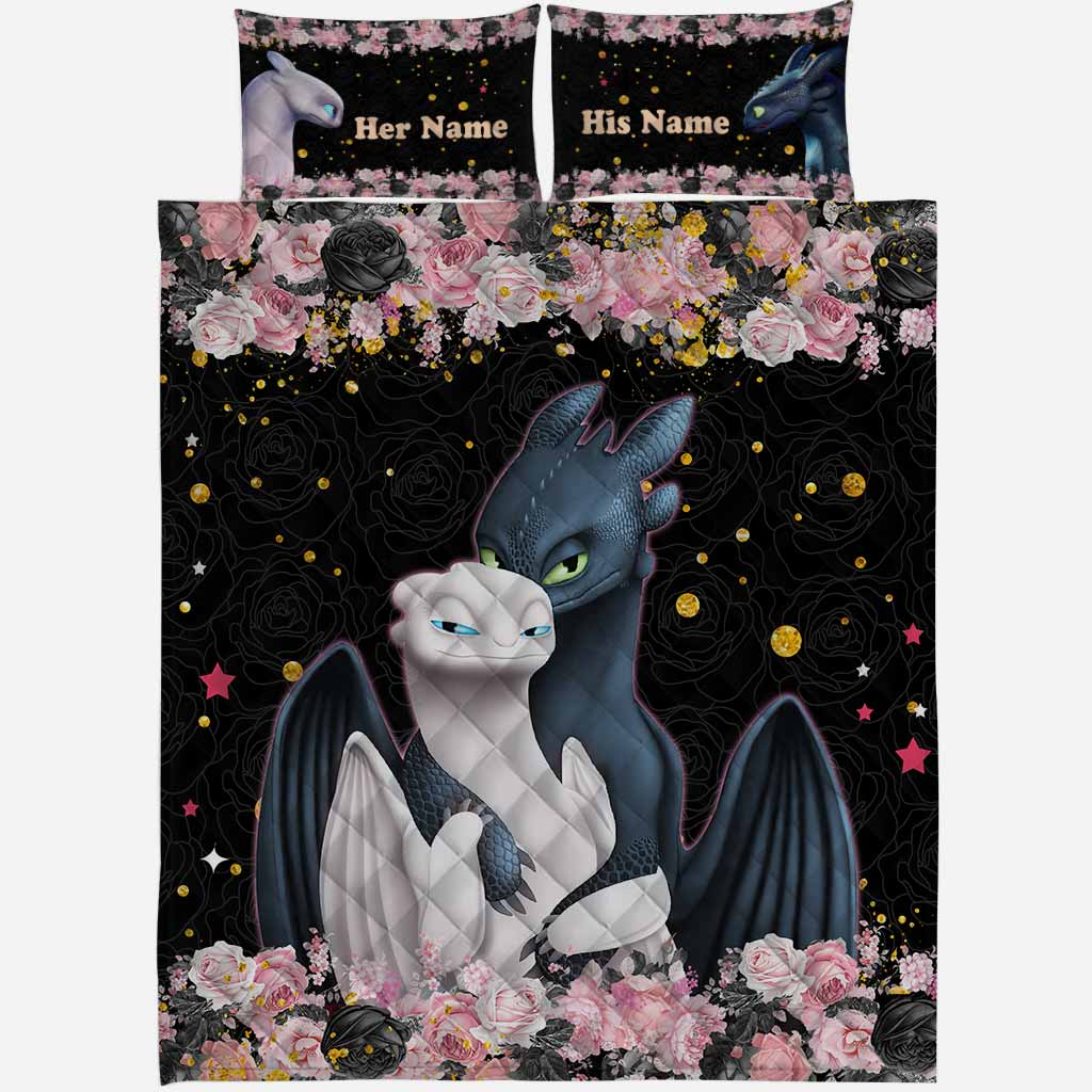 Personalized Dragon Love Story Quilt Set Custom Names Gift for Couples