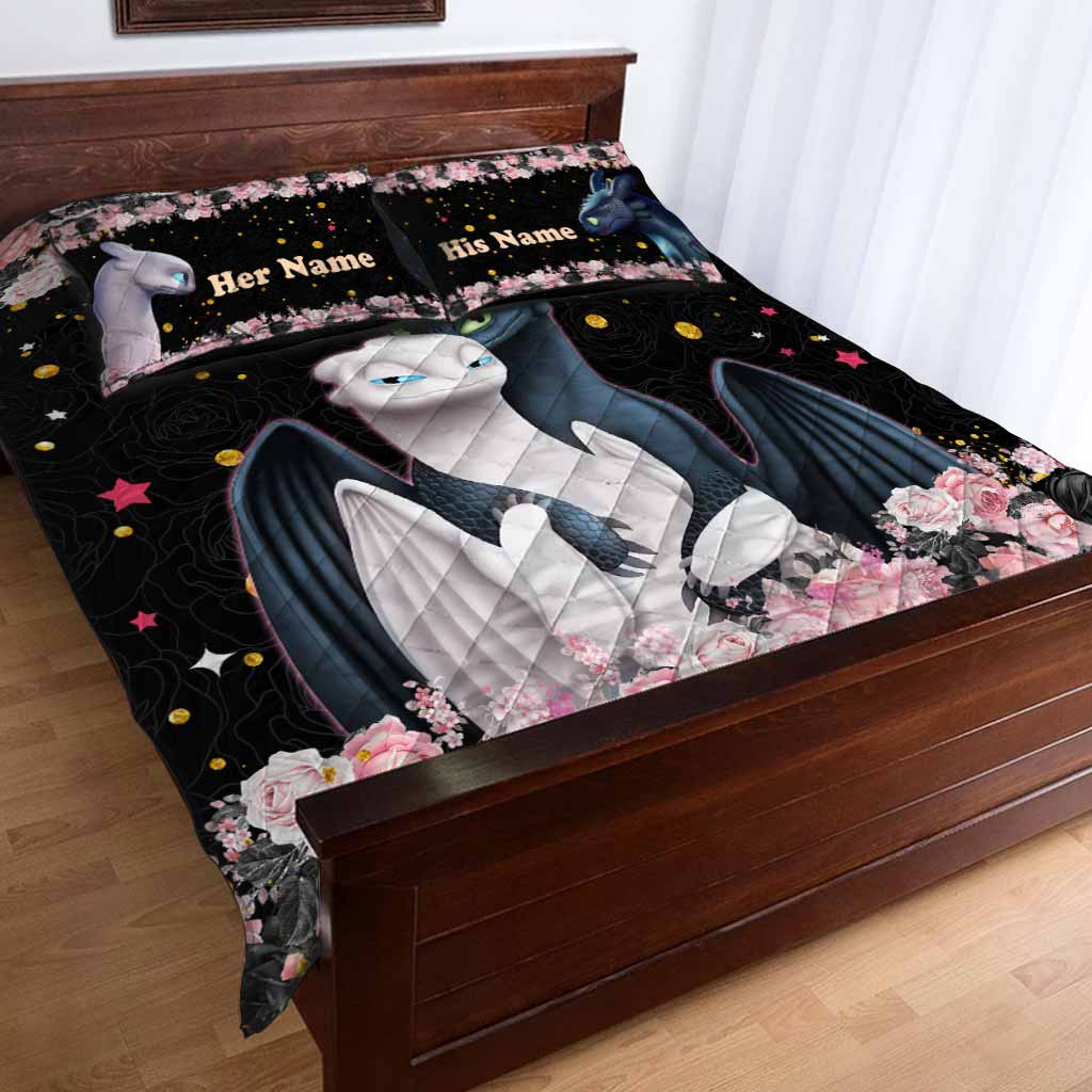 Personalized Dragon Love Story Quilt Set Custom Names Gift for Couples