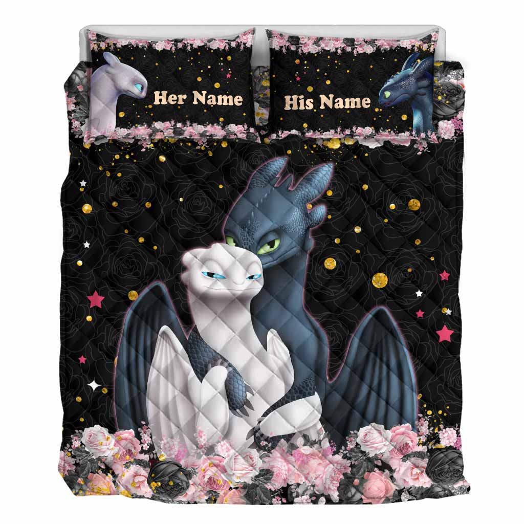 Personalized Dragon Love Story Quilt Set Custom Names Gift for Couples
