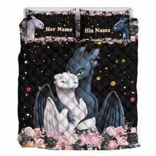 Load image into Gallery viewer, Personalized Dragon Love Story Quilt Set Custom Names Gift for Couples
