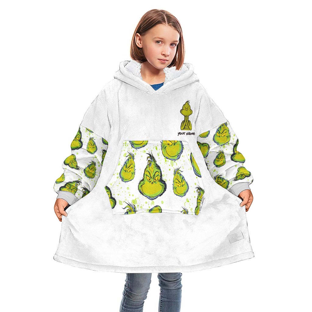 Personalized Grinch Blanket Hoodie Custom Name Gift for Christmas