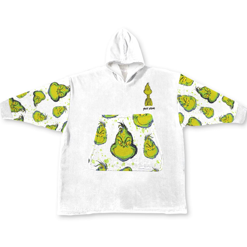 Personalized Grinch Blanket Hoodie Custom Name Gift for Christmas