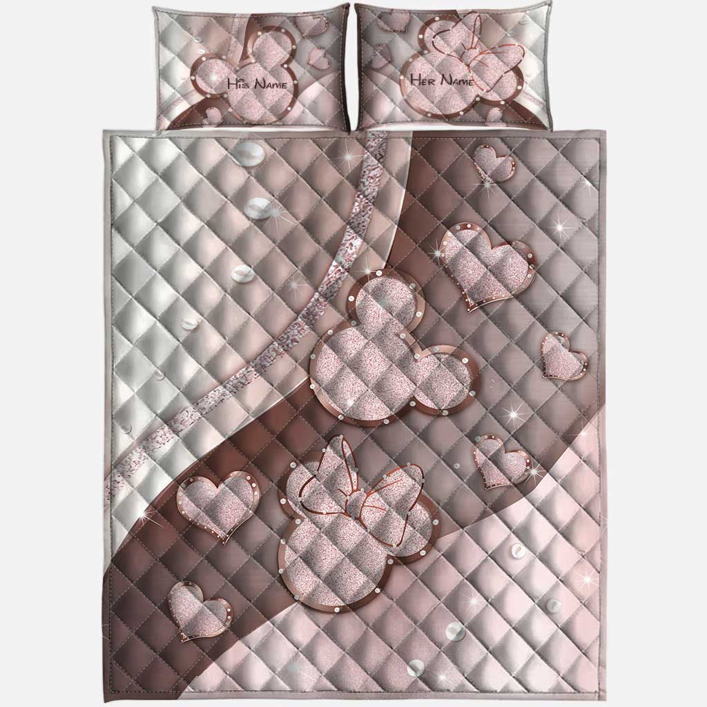 Personalized Couple Mouse Quilt Set with Custom Names for Anniversary Gift