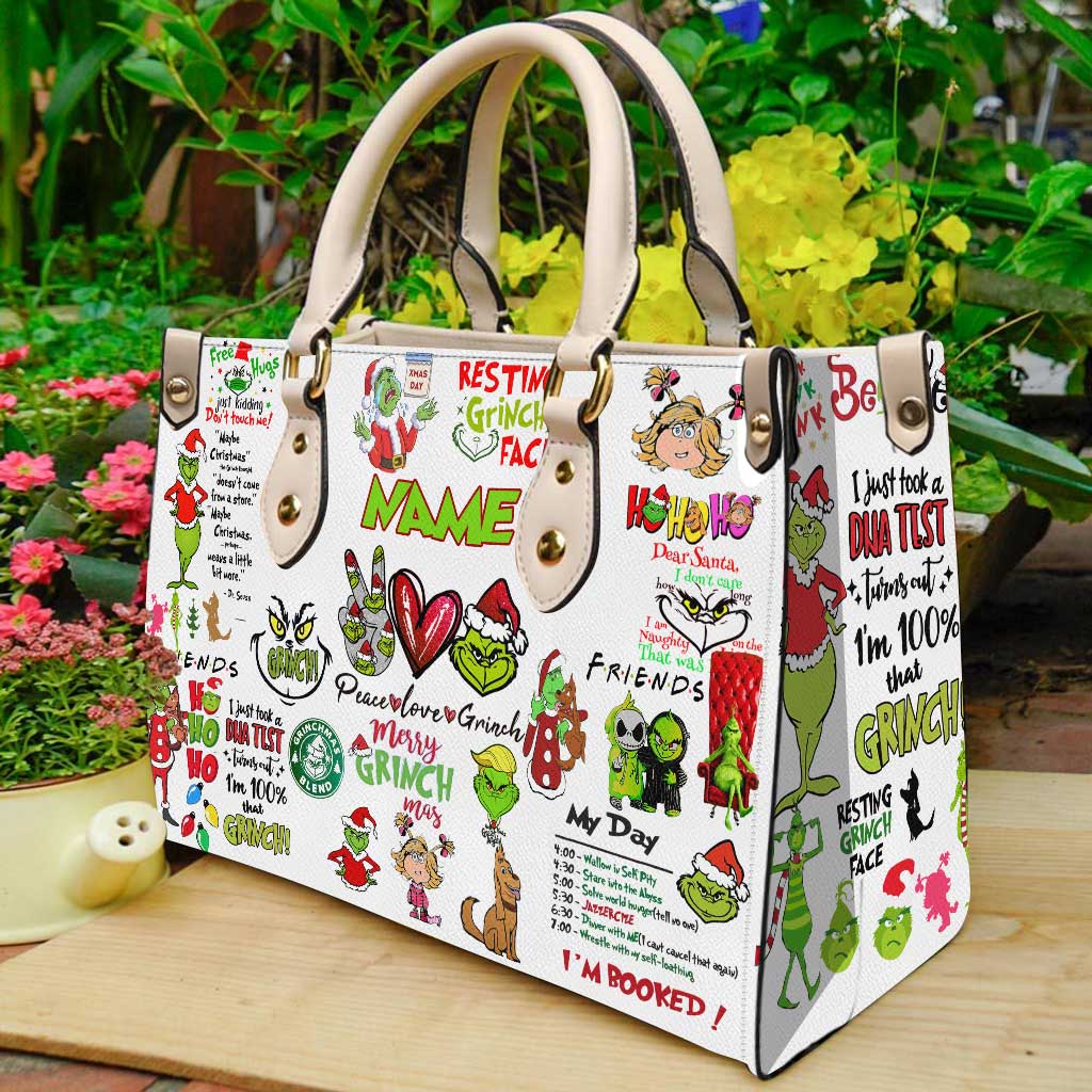 Personalized Christmas Leather Handbag with Grinch Design Gift for Her